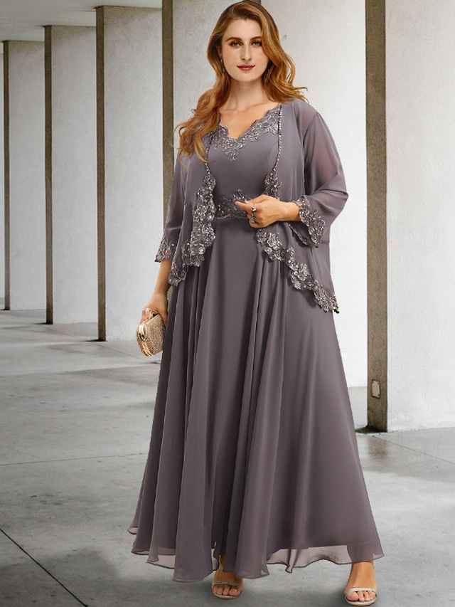  Two Piece A-Line Wedding Guest Dresses Elegant Dress Formal Tea Length Sleeveless V Neck Chiffon with Appliques free custom size