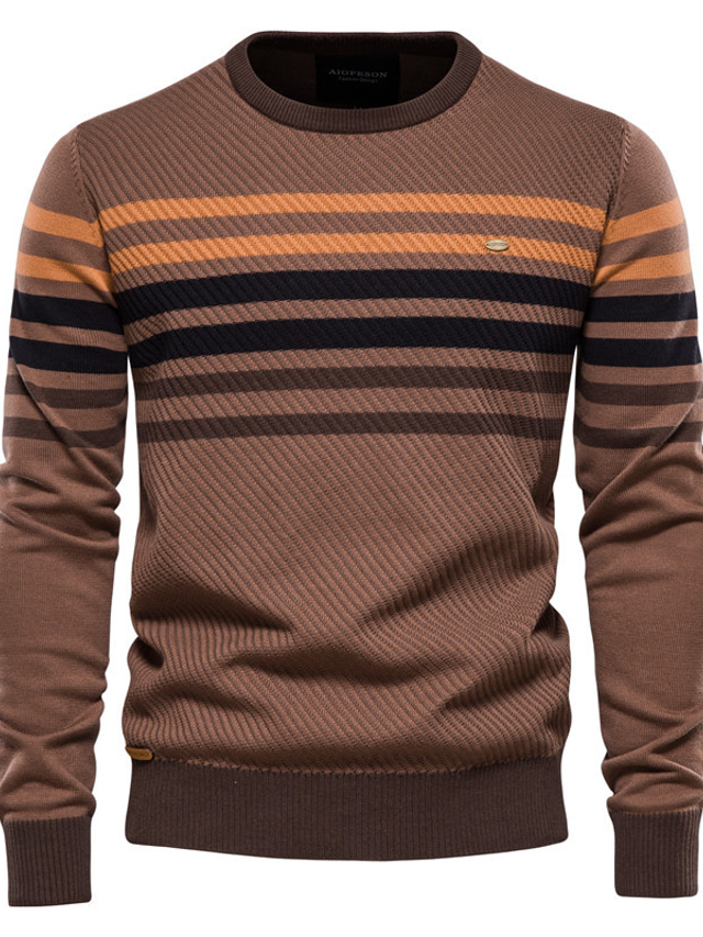  Men's Pullover Ribbed Knit Knitted Stripes Round Keep Warm Modern Contemporary Daily Wear Going out Clothing Apparel Winter Fall Coffee S M L / Long Sleeve / Long Sleeve