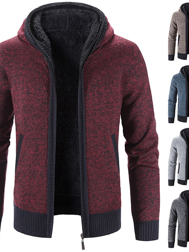  Men's Cardigan Sweater Ribbed Knit Tunic Knitted Color Block Hooded Warm Ups Modern Contemporary Daily Wear Going out Clothing Apparel Winter Fall Burgundy Light Grey M L XL / Long Sleeve