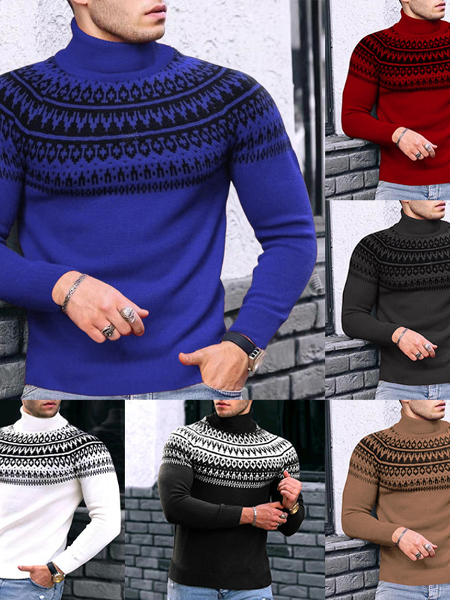  Men's Sweater Pullover Sweater Jumper Ribbed Knit Cropped Knitted Tribal Turtleneck Keep Warm Modern Contemporary Work Daily Wear Clothing Apparel Fall & Winter Black Khaki S M L