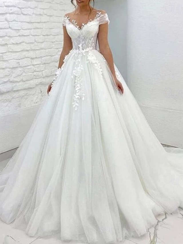  TS Formal Wedding Dresses Ball Gown V Neck Cap Sleeve Chapel Train Lace Bridal Gowns With Appliques 2024