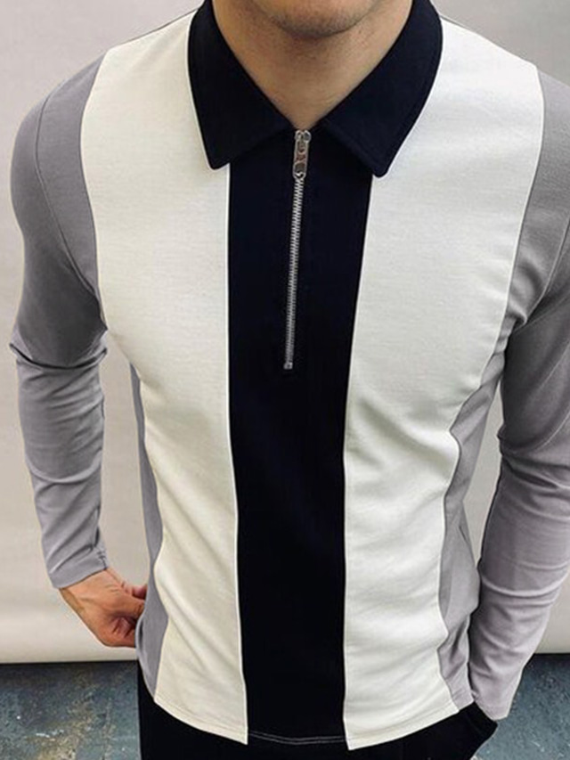  Men's Collar Polo Shirt Golf Shirt Fashion Streetwear Business Long Sleeve Gray Color Block Check Other Prints Turndown Casual Daily Patchwork Print Clothing Clothes Fashion Streetwear Business