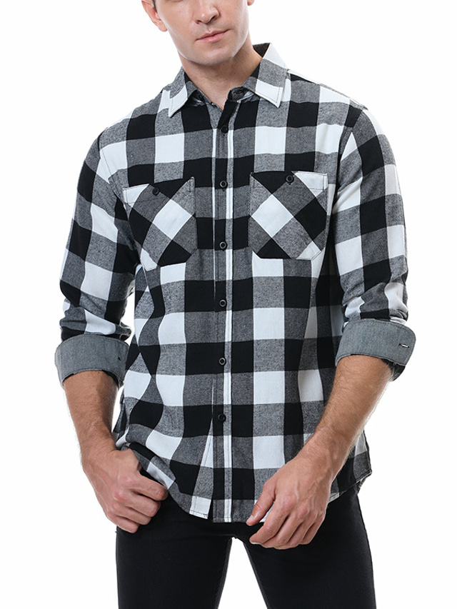  Men's Flannel Shirt Plaid Turndown Red Navy Blue White Print Street Daily Long Sleeve Button-Down Clothing Apparel Fashion Casual Comfortable