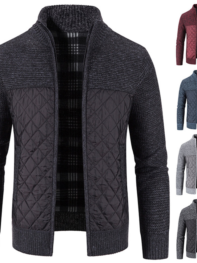  Men's Cardigan Sweater Ribbed Knit Knitted Solid Color Standing Collar Warm Ups Modern Contemporary Daily Wear Going out Clothing Apparel Fall & Winter Black Blue S M L