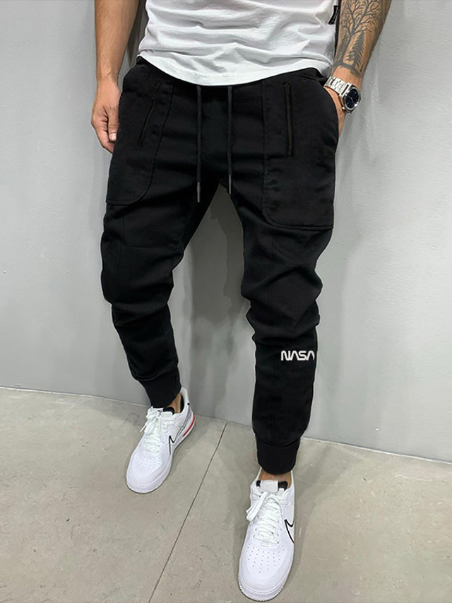  Men's Joggers Trousers Chinos Casual Pants Drawstring Elastic Waist Solid Color Daily Streetwear Black