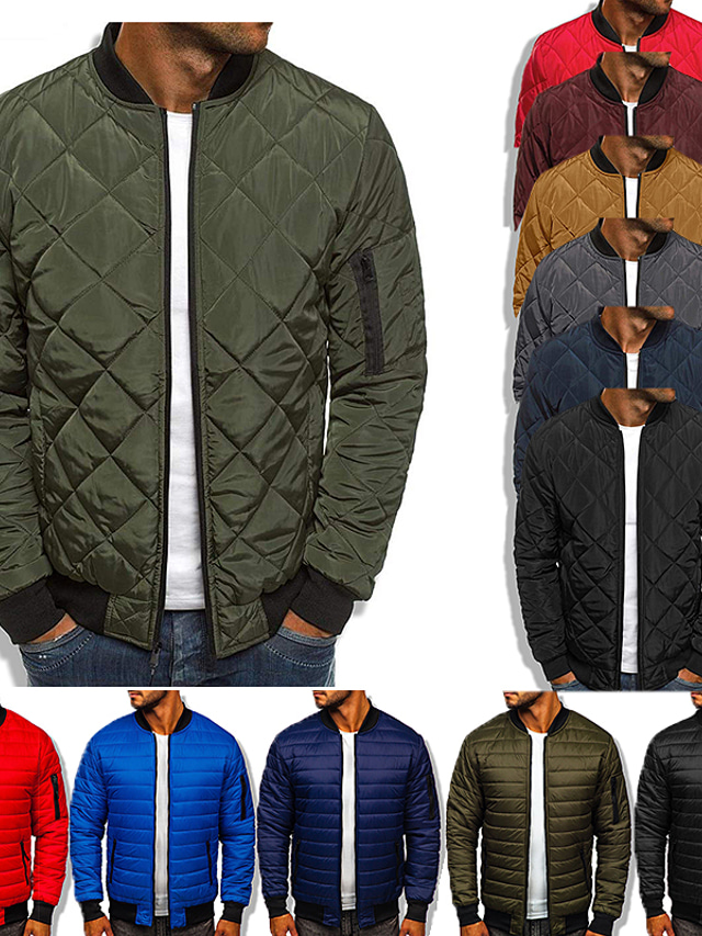 Men's Winter Jacket Puffer Jacket Winter Coat Padded Warm Casual Classic & Timeless Jacket Outerwear Solid Color Navy Wine Red ArmyGreen / Long Sleeve