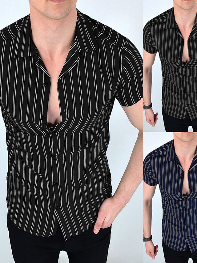  Men's Shirt Summer Shirt Striped Turndown Black Navy Blue Daily Holiday Short Sleeve Button-Down Clothing Apparel Simple Casual Comfortable