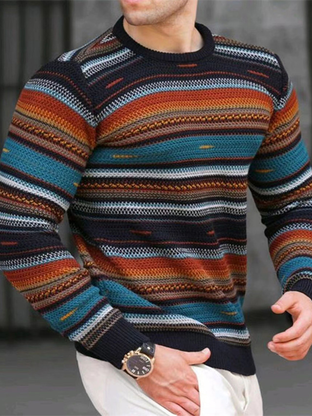  Men's Sweater Pullover Ribbed Knit Cropped Knitted Stripe Crew Neck Keep Warm Modern Contemporary Work Daily Wear Clothing Apparel Fall & Winter Yellow Red S M L / Long Sleeve