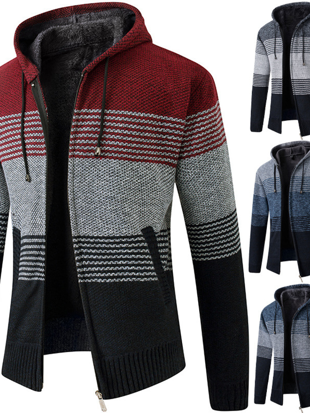  Men's Cardigan Sweater Ribbed Knit Knitted Color Block Hooded Warm Ups Modern Contemporary Daily Wear Going out Clothing Apparel Fall & Winter Red Dark Blue M L XL / Long Sleeve / Long Sleeve