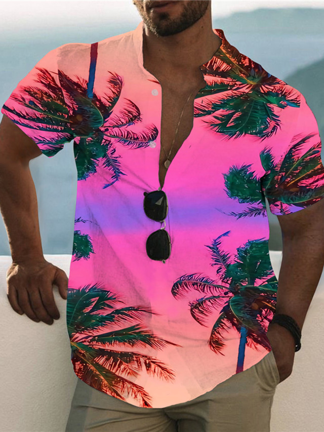  Voor heren Overhemd Zomer overhemd Grafisch Landschap Opstaand Regenboog Print Buiten Casual Korte mouw Button-omlaag Afdrukken Kleding Modieus Hawaii Ontwerper Casual