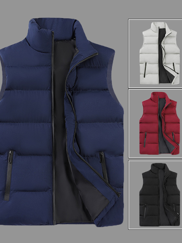  Men's Winter Jacket Puffer Vest Winter Coat Warm Casual Solid Color Outerwear Clothing Apparel Blue Khaki Red