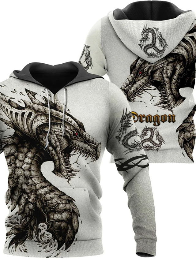  Dragon Hoodie Mens Graphic Pullover Sweatshirt White Hooded Animal Prints Daily Sports 3D Basic Streetwear Designer Spring & Fall Cotton Printed