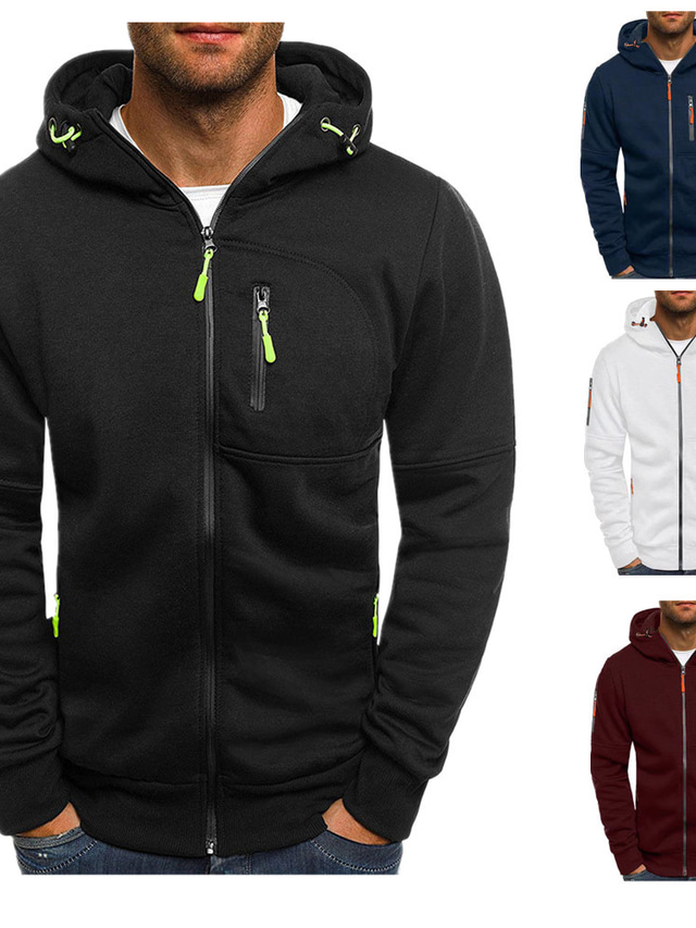  Men's Full Zip Hoodie Jacket Solid Color Zipper Casual Daily Holiday Casual Big and Tall Hoodies Sweatshirts  Green White Black
