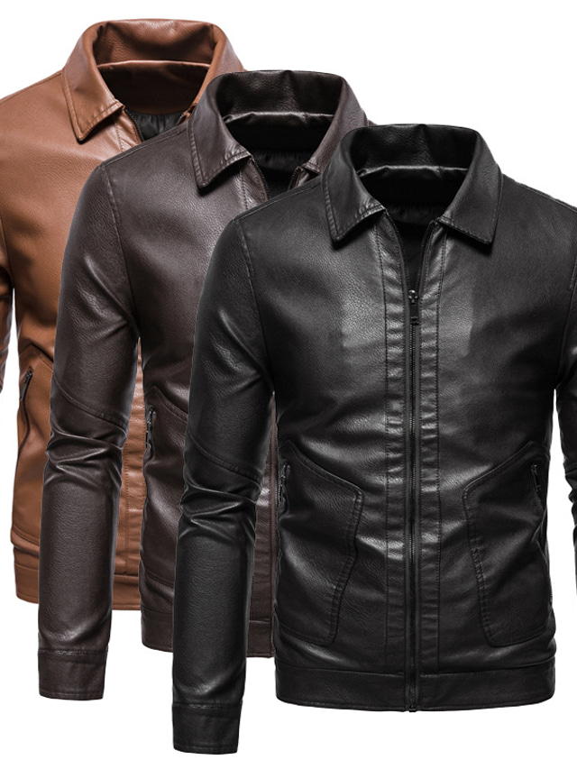  Men's Leather Jacket Daily Wear Vacation Going out Zipper Lapel Warm Ups Comfort Zipper Front Jacket Outerwear Solid Color Zipper Pocket Brown Coffee Black / Winter