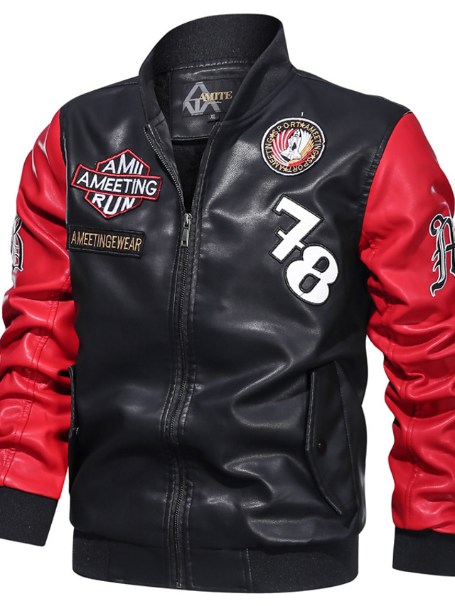  Men's Faux Leather Jacket Varsity Jacket Biker Jacket Streetwear Black Blue Red