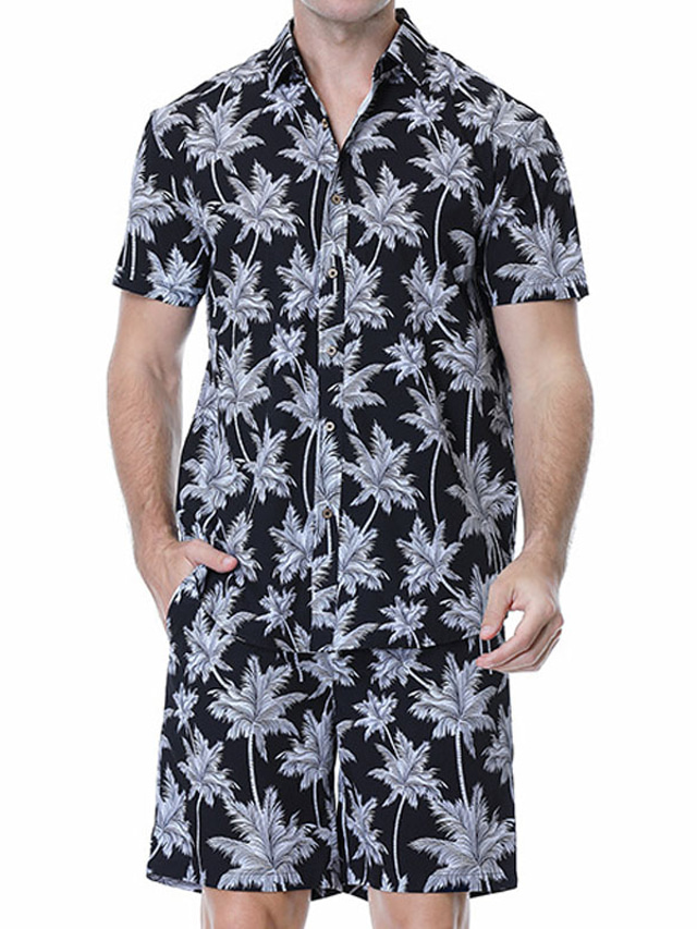 Men's Summer Hawaiian Shirt Shirt Suits Summer Shirt Floral Tree Letter Flamingo Pineapple Turndown Black White Pink Red Navy Blue Daily Holiday Short Sleeve Button-Down Print Clothing Apparel 2pcs