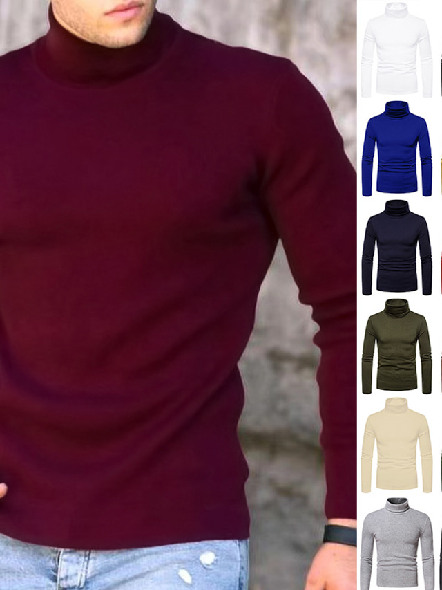  Men's Sweater Pullover Ribbed Knit Cropped Knitted Solid Color Turtleneck Keep Warm Modern Contemporary Work Daily Wear Clothing Apparel Fall & Winter Green Yellow M L XL / Long Sleeve