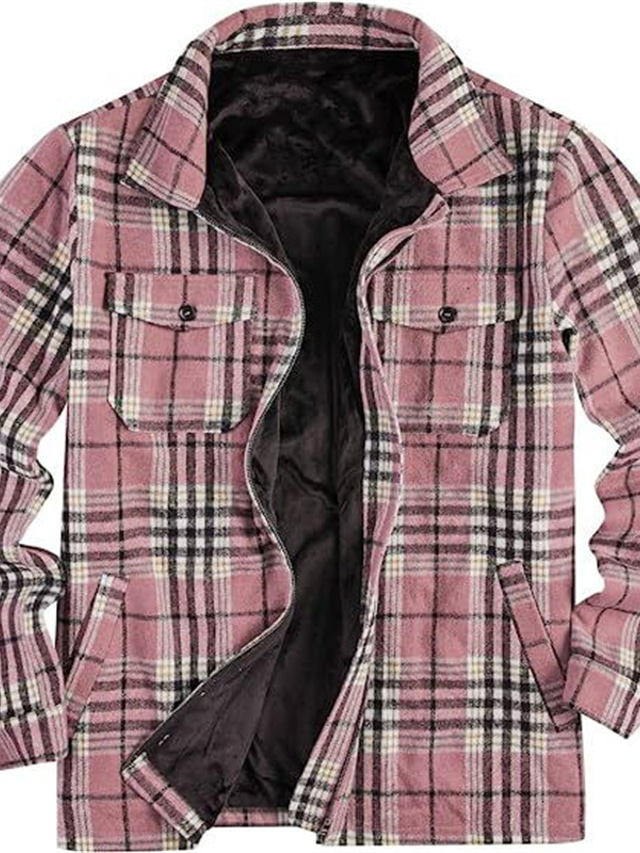  Men's Shirt Jacket Fleece Shirt  Overshirt Warm Casual Jacket Outerwear Plaid / Check Pink khaki Military Green Fall Winter