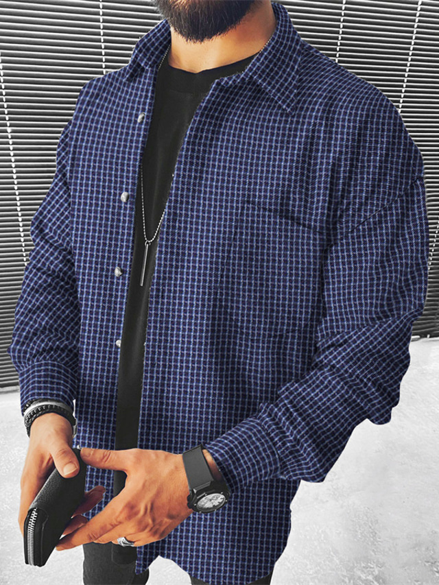  Hombre Camisa de franela Chaqueta de camisa Camisa de lana Camisa Sobrecamisa A Rayas Cuello Vuelto Azul Piscina Morado Azul Marino Gris Estampado en caliente Exterior Calle Manga Larga Abotonar