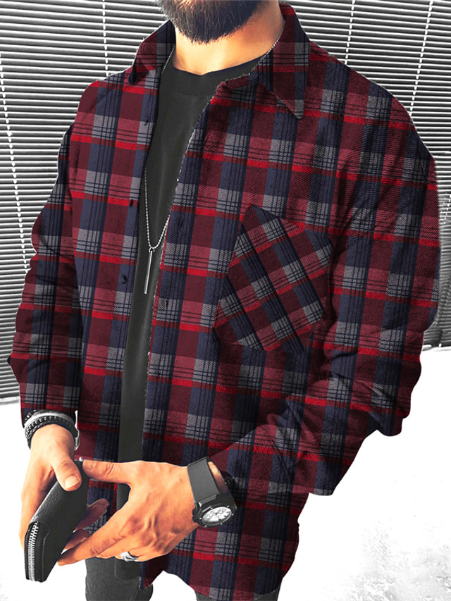  Men's Flannel Shirt Shirt Jacket Shacket Fleece Shirt Shirt Overshirt Plaid Turndown Blue Purple Red Hot Stamping Outdoor Halloween Long Sleeve Button-Down Print Clothing Apparel Fashion Designer