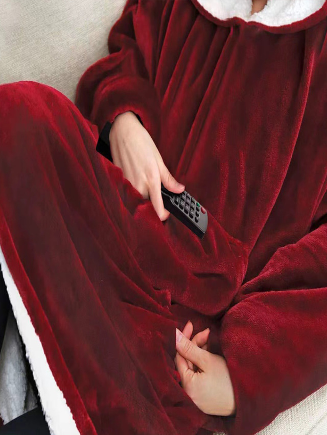  Men's Pajamas Nightgown Wearable Blanket Hoodie Blanket Pure Color Fashion Simple Plush Home Polyester Warm Breathable Hoodie Long Robe Pocket Hoodie Winter Black Red Red / Flannel