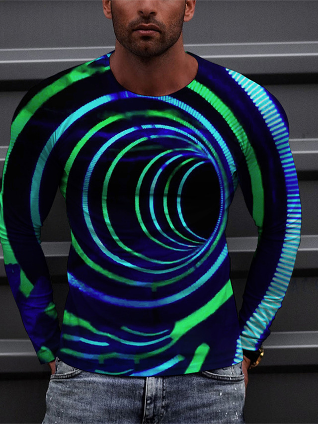  男性用 Tシャツ 3D印刷 グラフィック クルーネック ブルー 3Dプリント アウトドア ストリート 長袖 プリント 衣類 ベーシック スポーツ デザイナー カジュアル