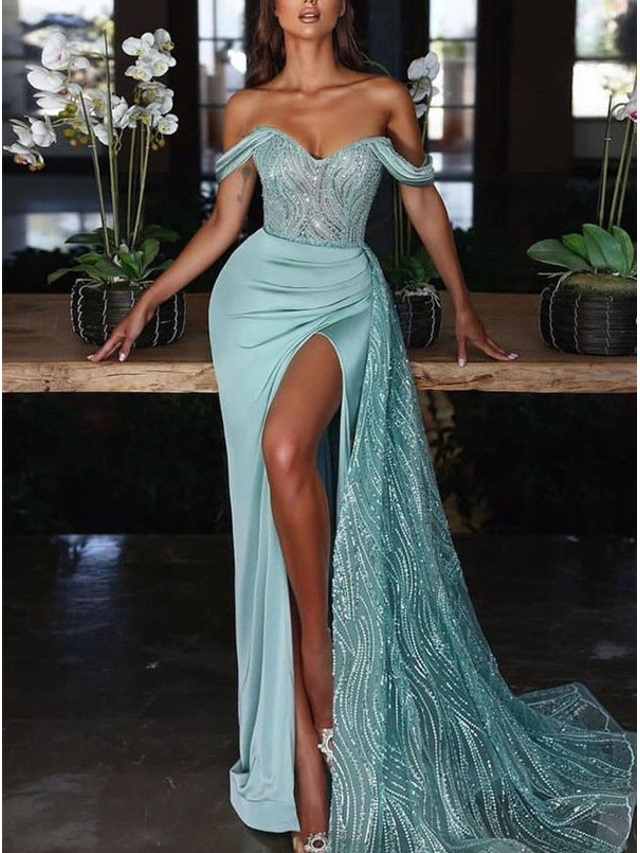  Vestido de Noite Sereia com Lantejoulas Vestido Sexy Convidada de Casamento Formal Cauda de Corte Sem Mangas Decote Ombro Caído Charmeuse com Fenda Apliques Plissados Vestido de Máscara 2025