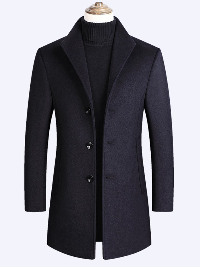  Men's Overcoat Wool Coat Trench Coat Winter Regular Wool Woolen Daily Wear Navy Wine Red Black Brown Gray / Warm