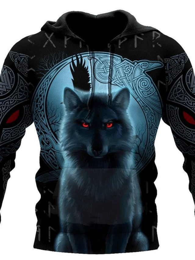  Men's Pullover Hoodie Sweatshirt Blue Hooded Animal Wolf Graphic Prints Print Daily Sports 3D Print Streetwear Designer Basic Spring &  Fall Clothing Apparel Hoodies Sweatshirts  Long Sleeve