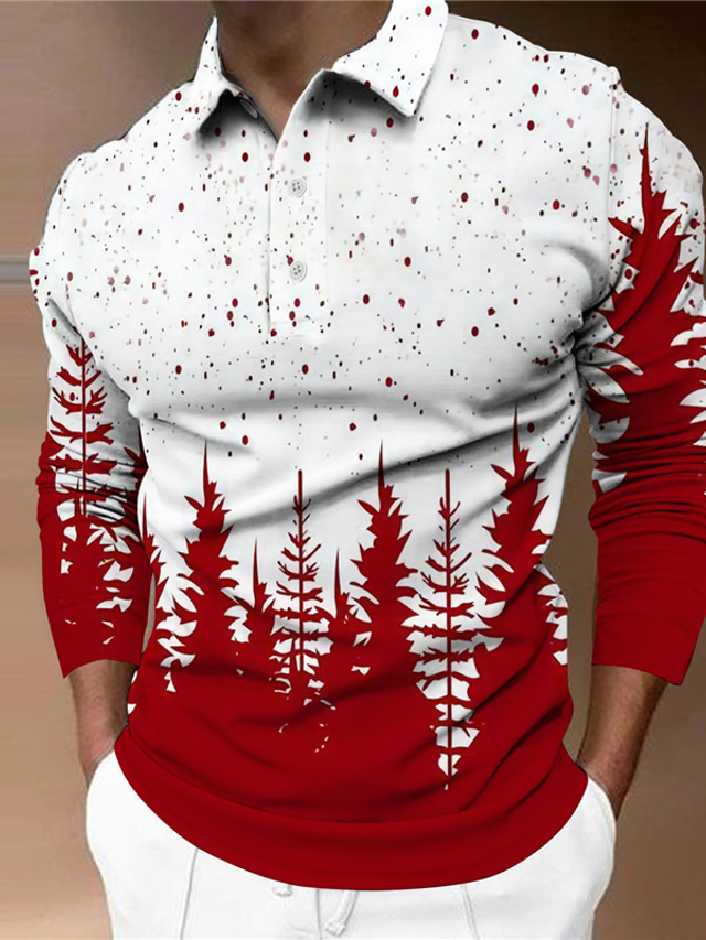  Men's Collar Polo Shirt Golf Shirt Tree Graphic Prints Turndown Green Red 3D Print Christmas Street Long Sleeve Button-Down Print Clothing Apparel Fashion Designer Casual Soft