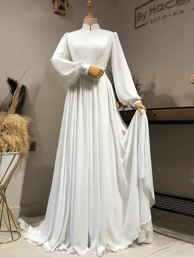  Halle Vintage 1940er  1950er Freizeit Brautkleider A-Linien Hoher Hals Langarm Gerichtsschleppe Chiffon Brautkleider Mit Falten Einfarbig