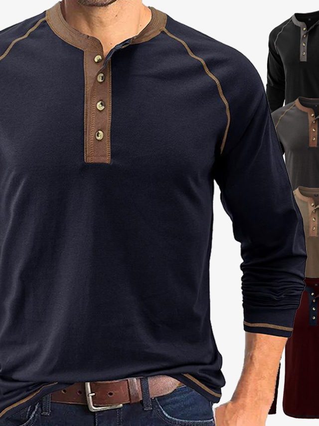  Men's T shirt Tee Solid Color Henley Casual Daily Long Sleeve Tops Basic Essential Casual Classic Green Black Burgundy