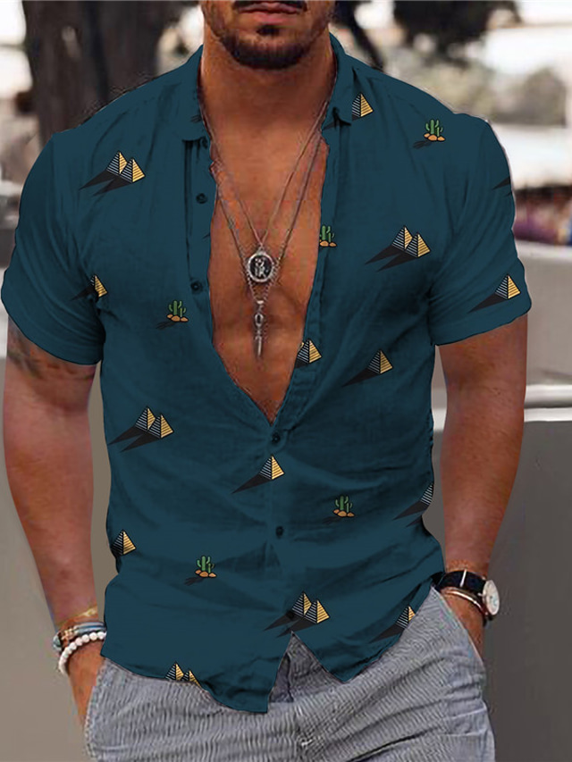  Hombre Camisa Camisa de verano camisa hawaiana Cactus Estampados Pirámide Cuello Vuelto Vino Azul Piscina Verde Trébol Impresión 3D Exterior Calle Mangas cortas Abotonar Estampado Ropa Tropical