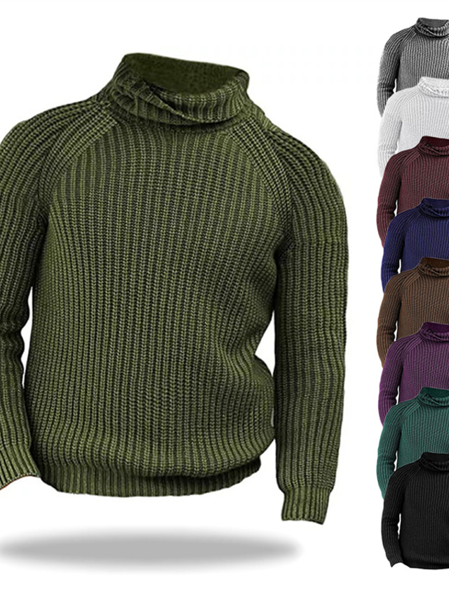  Men's Sweater Pullover Sweater Jumper Ribbed Knit Cropped Knitted Turtleneck Modern Contemporary Daily Wear Going out Clothing Apparel Fall & Winter Black Green S M L