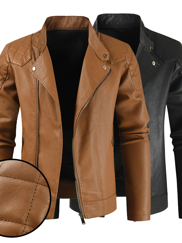 Men's Faux Leather Jacket Biker Jacket Daily Wear Work Winter Long Coat Regular Fit Warm Casual Casual Daily Jacket Long Sleeve Pure Color With Belt Khaki Black