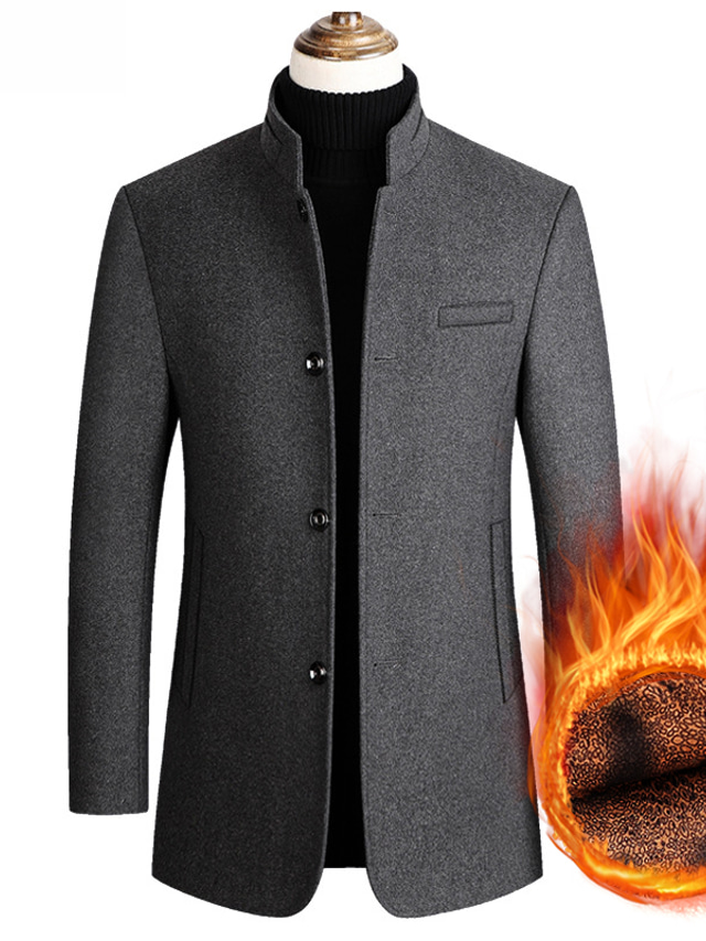 Men's Wool Coat Overcoat Blazer Winter Long Woolen Solid Colored Basic Daily Fleece Lining Warm Black Wine Navy Blue Gray
