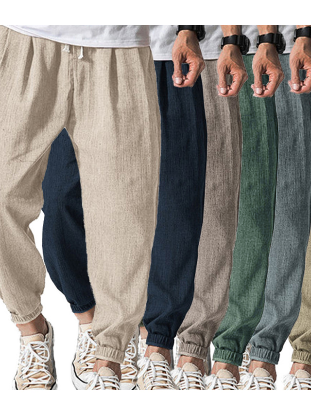  Men's Joggers Trousers Beach Pants Pocket Drawstring Elastic Waist Plain Comfort Soft Daily Holiday Streetwear Linen / Cotton Blend Fashion Streetwear Black Blue Micro-elastic
