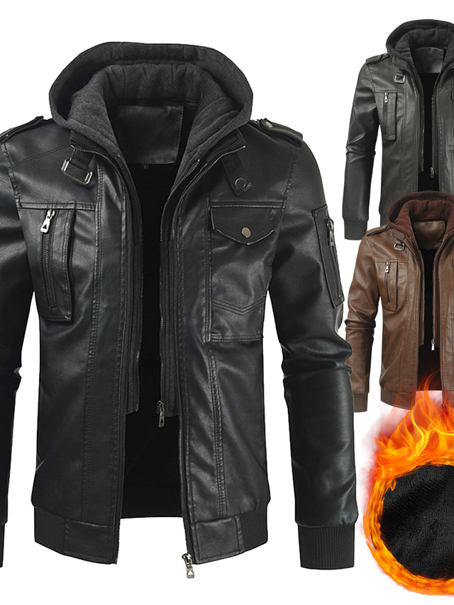  Men's Faux Leather Jacket Biker Jacket Daily Wear Work Winter Long Coat Regular Fit Warm Casual Casual Daily Jacket Long Sleeve Pure Color With Belt Brown Gray Black