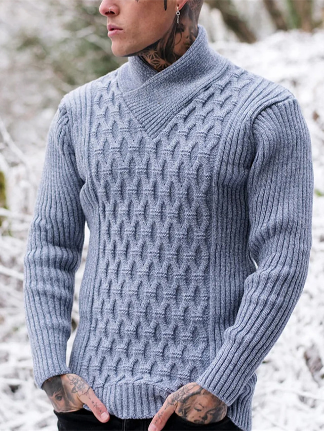  Men's Sweater Pullover Sweater Jumper Ribbed Knit Cropped Knitted Crossover Collar Modern Contemporary Daily Wear Going out Clothing Apparel Fall & Winter White Blue S M L