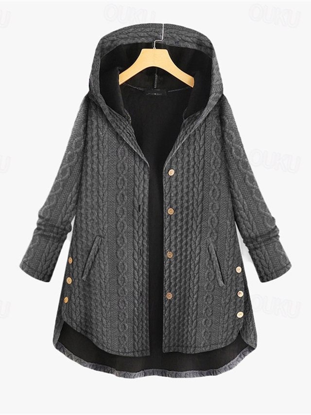  Women's Plus Size Parka Button Pocket Plain Outdoor Causal Long Sleeve Hooded Regular Winter Fall Dark Green Dark Blue Red L XL XXL 3XL 4XL