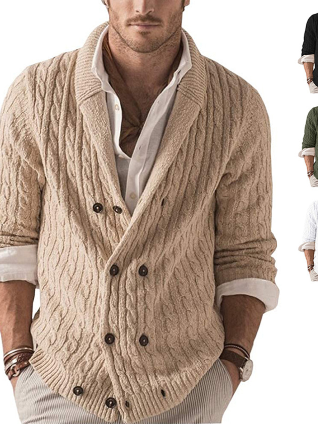  Men's Sweater Cardigan Sweater Sweater Jacket Ribbed Knit Cropped Button Knitted Solid Color Lapel Warm Ups Modern Contemporary Daily Wear Going out Clothing Apparel Fall & Winter Black Military Green