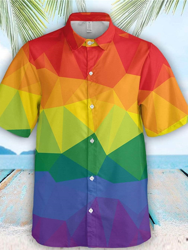  Men's Shirt Summer Shirt Graphic Prints Geometry Turndown Yellow Purple Rainbow 3D Print Outdoor Street Short Sleeves Button-Down Print Clothing Apparel Tropical Hawaiian Designer Casual