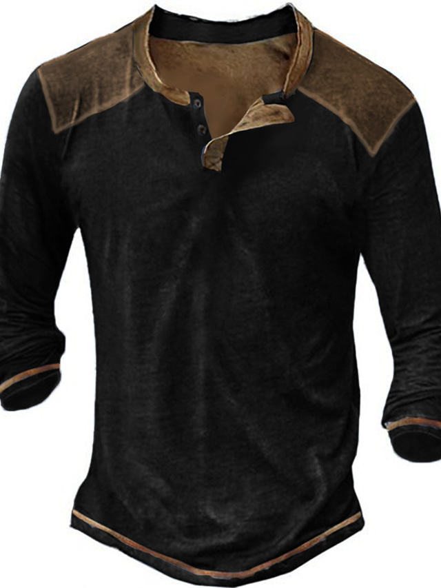  男性用 ヘンリーシャツ Tシャツ カラーブロック Ｖネック ブラック ネイビーブルー グレー ストリート スポーツ 長袖 ボタンダウン 衣類 ベーシック デザイナー カジュアル 快適