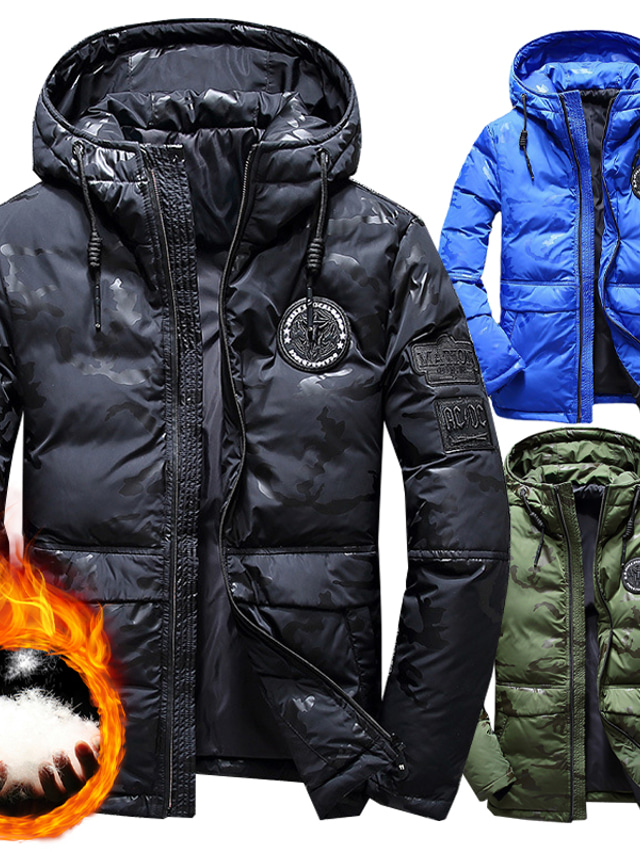  Men's Down Jacket Puffer Jacket Winter Jacket Parka Warm Work Daily Wear Pure Color Outerwear Clothing Apparel Green Black Blue