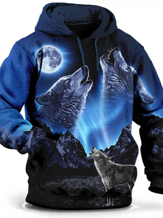  Men's Plus Size Pullover Hoodie Sweatshirt Big and Tall Wolf Hooded Long Sleeve Spring &  Fall Basic Fashion Streetwear Comfortable Work Daily Wear Tops