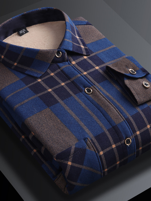  Men's Fleece Shirt Dress Shirt Plaid Striped Turndown  Outdoor Street Long Sleeve Button-Down Clothing Apparel Fashion Business Pocket