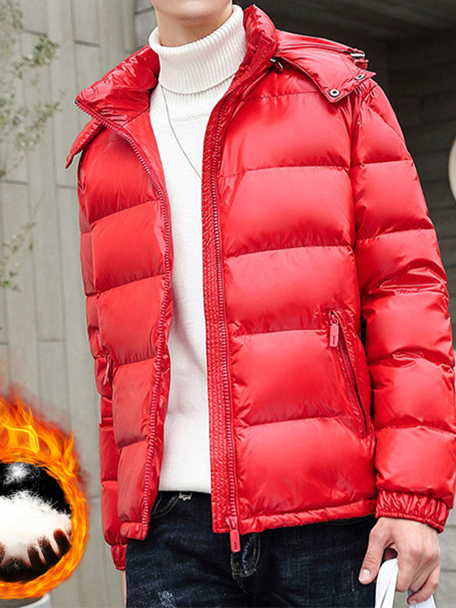  Men's Down Jacket Puffer Jacket Winter Jacket Parka Warm Work Daily Wear Pure Color Outerwear Clothing Apparel Black Red