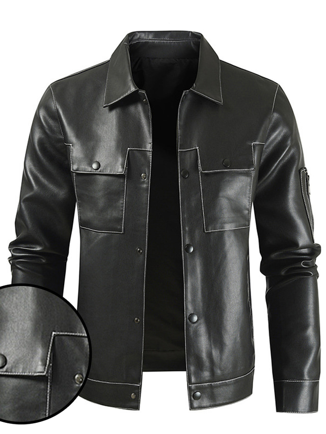  Men's Faux Leather Jacket Biker Jacket Daily Wear Work Winter Long Coat Regular Fit Warm Casual Casual Daily Jacket Long Sleeve Pure Color With Belt Black