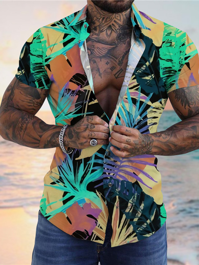 Herr Skjorta Hawaii skjorta Sommarskjorta Aloha skjorta Grafiska tryck Löv Nedvikt Blå Purpur Grön 3D-tryck Utomhus Gata Kort ärm Button-Down Mönster Kläder Tropisk Hawaiisk Designer Ledigt