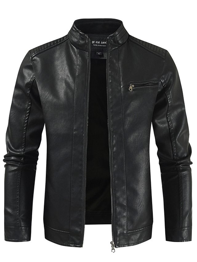  Mens Fashion Leather Jacket Slim Fit Stand Collar PU Jacket Male Anti-wind Motorcycle Lapel Diagonal Zipper Jackets